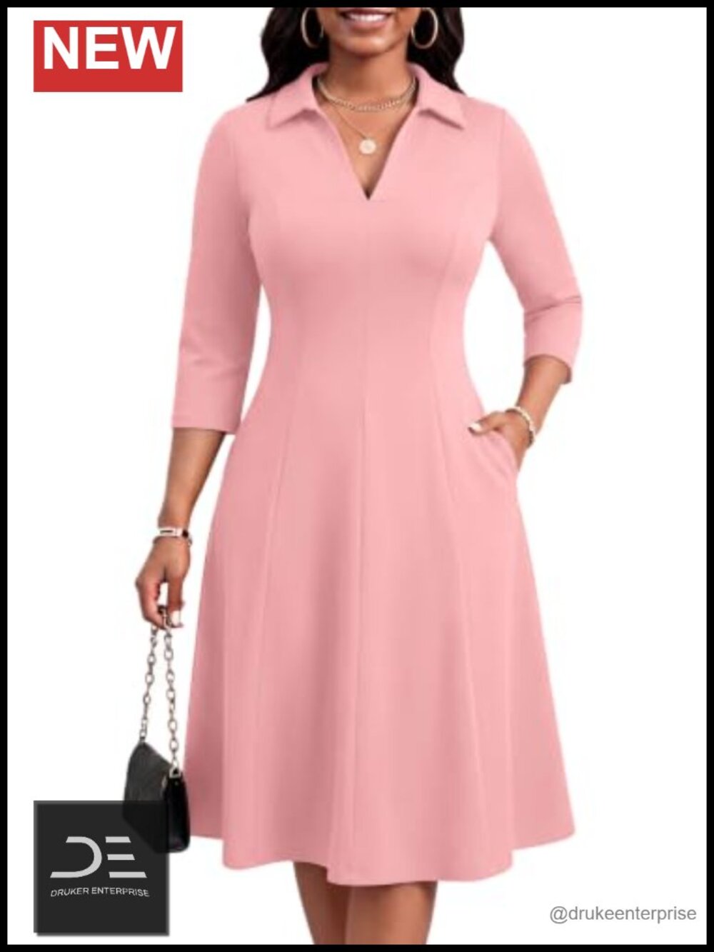 Womens Midi Dress Lapel V Neck 3/4 Sleeve A Line Fit Flare with Pockets
